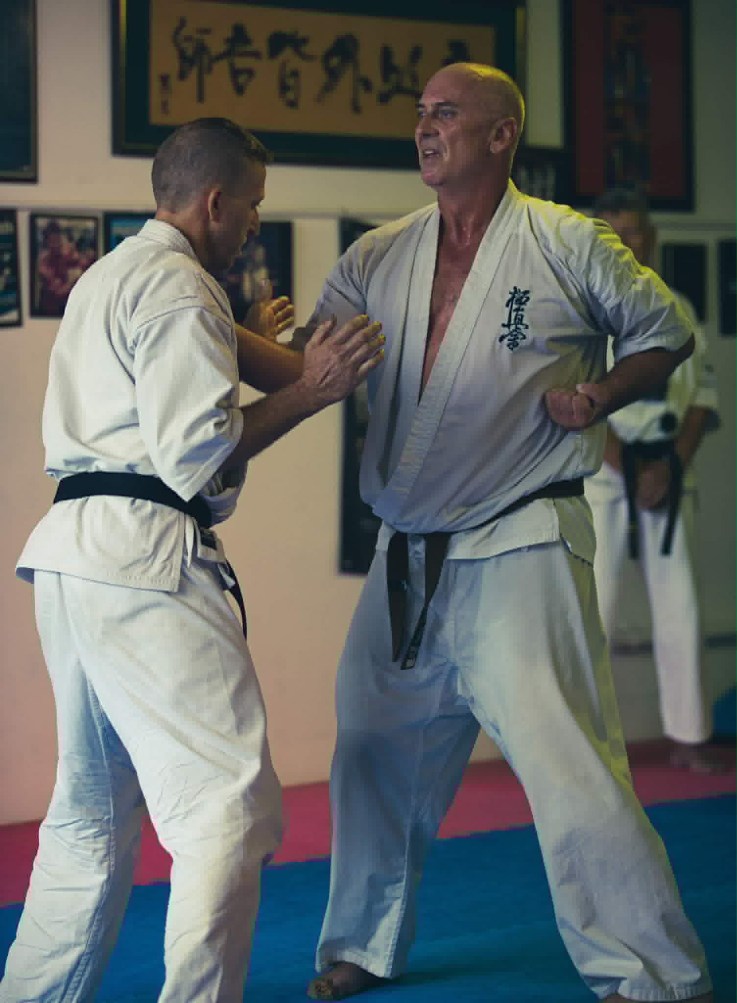 Two karate practitioners training close-range strikes in the dojo