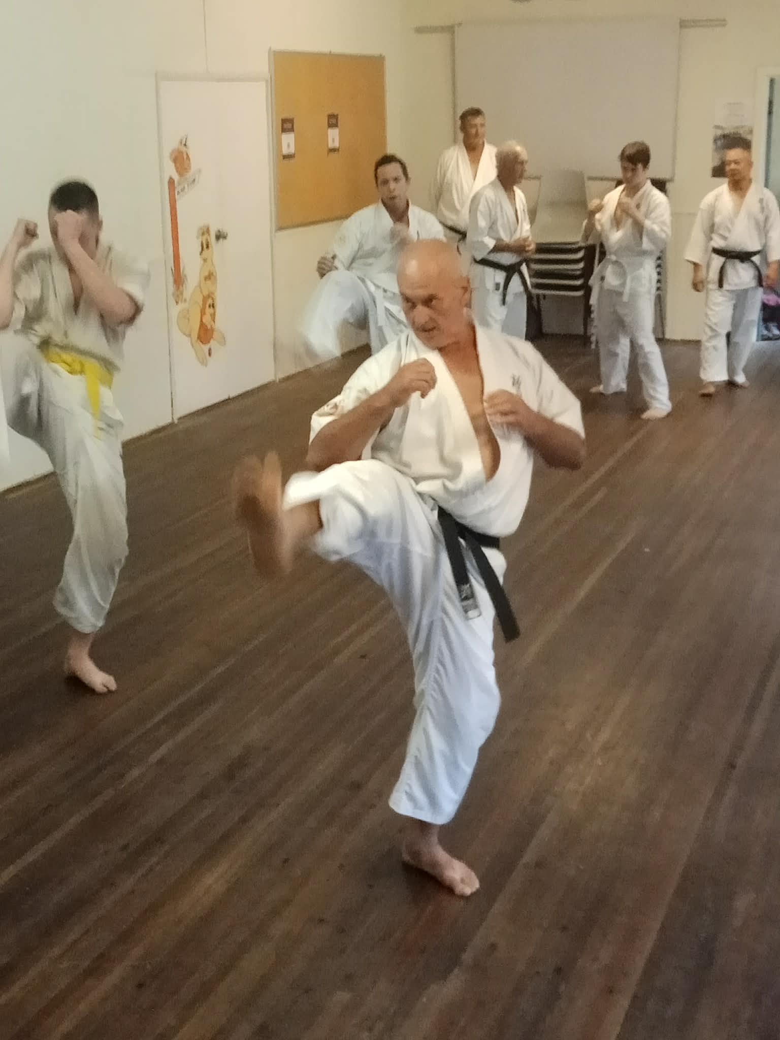 Karate class practicing kicks in formation